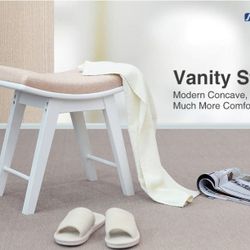 Vanity Stool, Modern Concave Seat Surface Makeup Dressing Stool Padded Bench with Rubberwood Legs, Capacity 286lb, Easy Assembly, White
