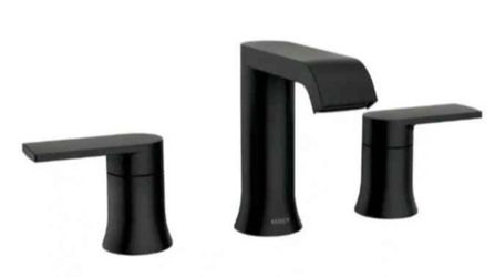 Moen Genta 8 in. Widespread Double Handle Bathroom Faucet with Drain Kit Included in Matte Black (Va