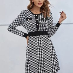 Same Day Shipping: Elegant Houndstooth Dress with Gold Buttons