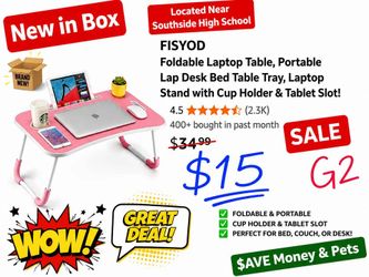 New Foldable Laptop Table, Portable Lap Desk Bed Table Tray, Laptop Stand with Cup Holder