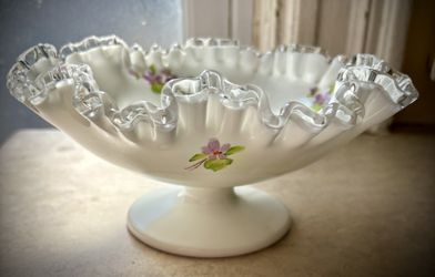 Artist Signed Hand painted Fenton Silver crest Compote   “violets In Snow”