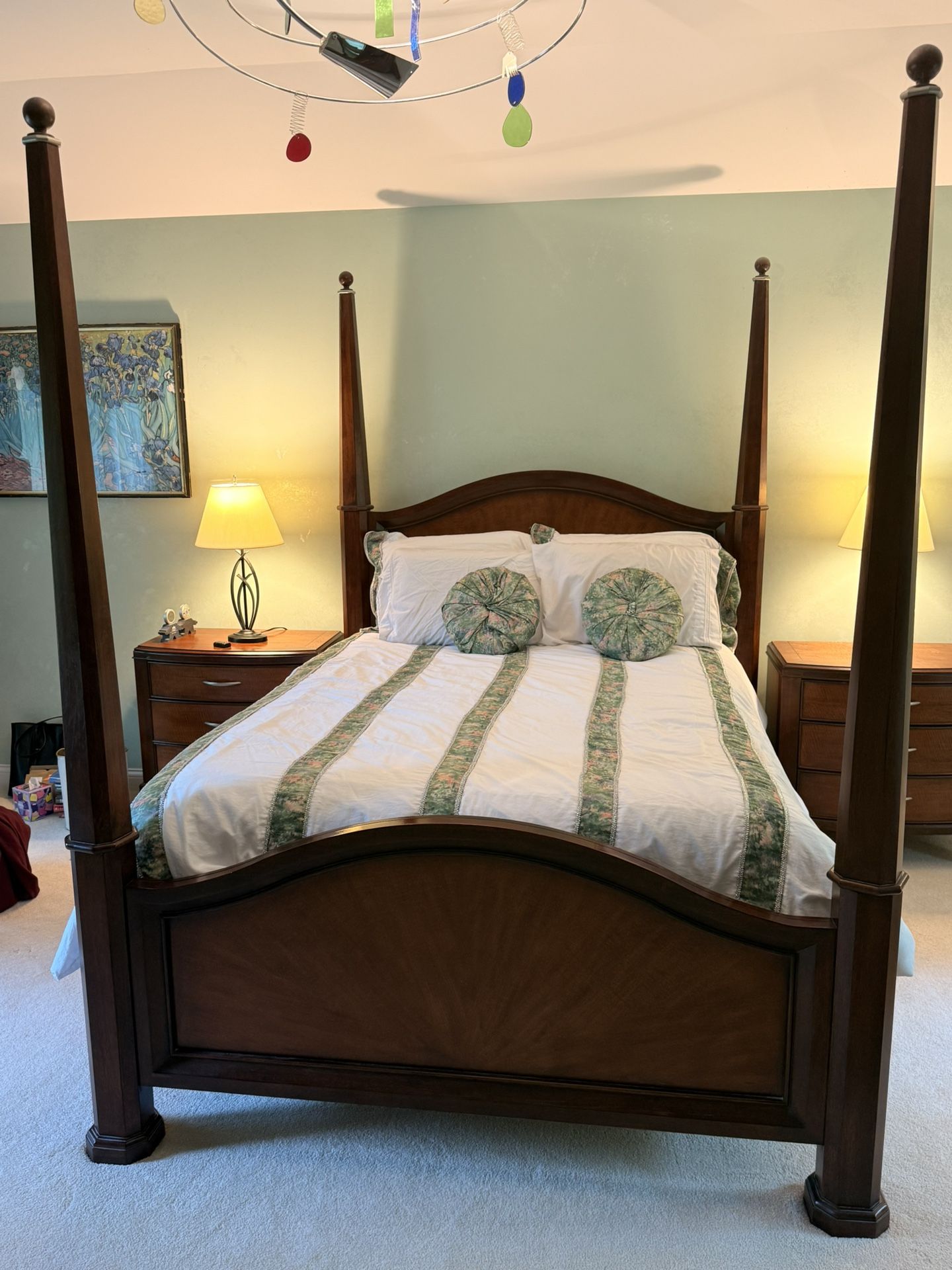 4 poster Bedroom set with armoire and 2 dressers and mirror