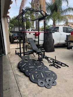 Mikolo Power Rack Cage with pulleys and 7ft 45lbs bar plus 245lbs of bumper weights
