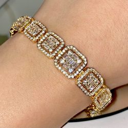 Men’s 13mm Baguette Tennis Link Bracelet, 14K Gold 5X Layered Cuban Bracelet, Bling Bracelet, CZ Diamond Bracelet, ICY Bracelet