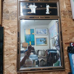 Black Lacquer Chinese Mirror With Maiden Figurines