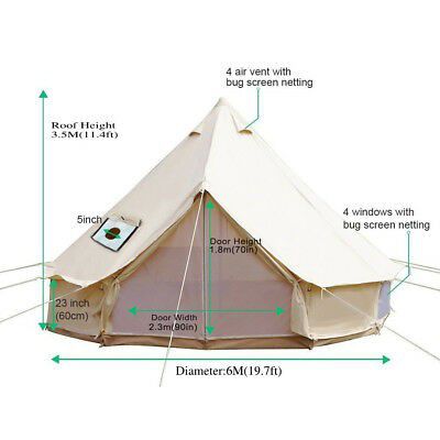 6m 4-Season Bell Tent Waterproof Cotton Canvas Glamping Camping Outdoor Use