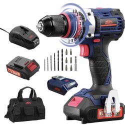 Cordless Hammer Drill Set,DEXTRA Brushless Drill Driver Kit,20V Impact Drill with 2.0Ah Power Batteries and Fast USB Charger,1/2”Keyless Chuck,0-1800R