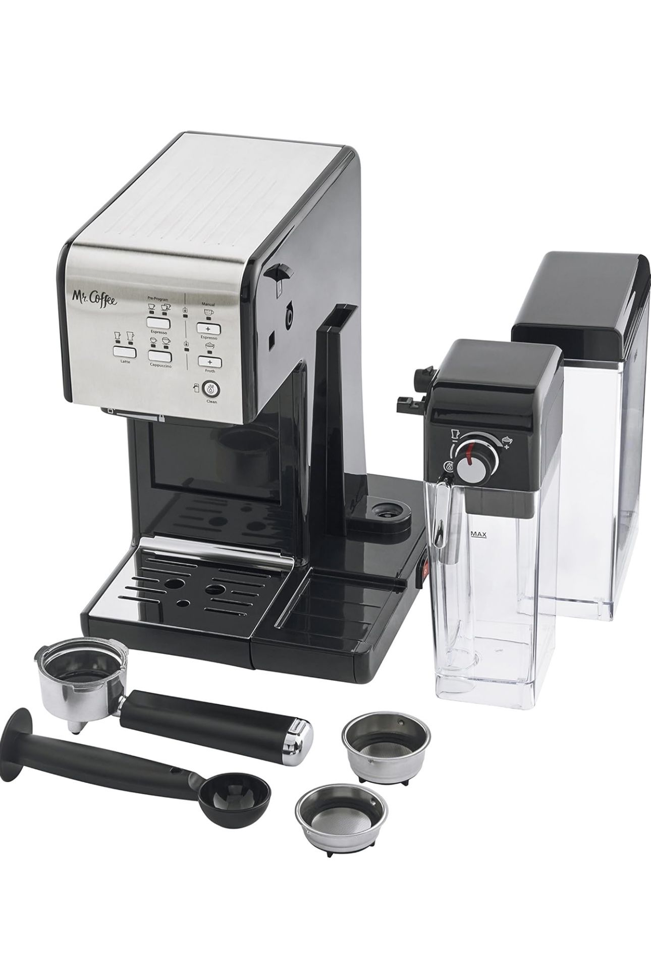 Mr. Coffee Programmable Espresso & Cappuccino Machine with Automatic Milk Frother & 19-Bar Pump, Stainless Steel