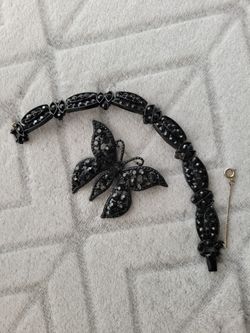 Vintage Weiss Black Rhinestone Butterfly Brooch and Japanned Rhinestone Bracelet 