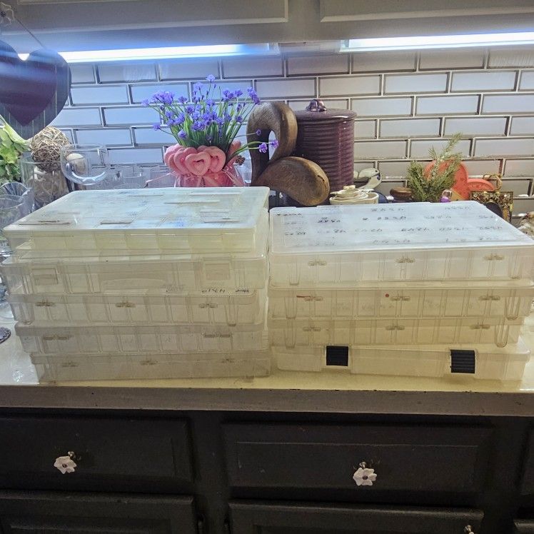 9 CRAFT/MEDICINE PLASTIC STORAGE BOXES. $5 EACH