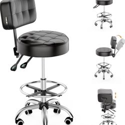 YJHome Rolling Stool, Rolling Stools with Wheels Foot Rest, Backrest Adjustable Height, Heavy Duty 400lbs Weight Capacity, Salon Spa Tattoo Massage Of