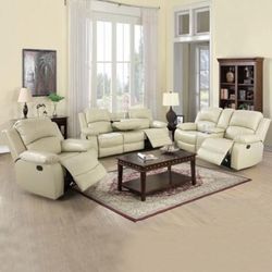 New Beige Leather 3-Piece Reclining Living Room Set with Center consoles W/Cup Holders (Sofa, Loveseat And Recliner chair)