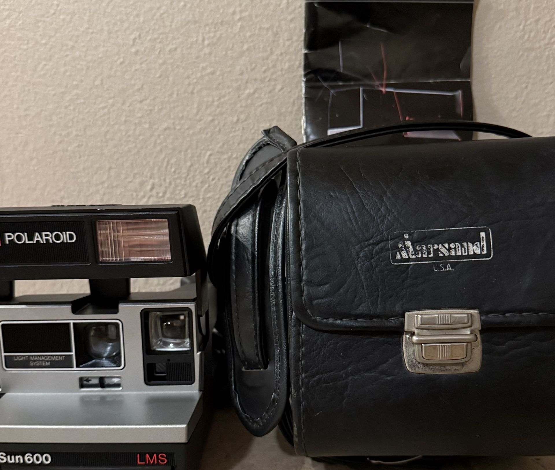 Vintage Polaroid Sun 600 Land LMS Instant Camera, w Strap, Leather Case & Manual