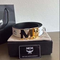 MCM Belt White And Black Gold Buckle 