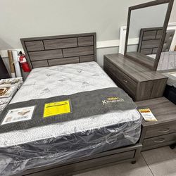 4PC Bedroom set King or Queen bed frame. Dresser mirror night stand