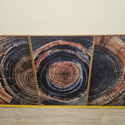 Modern 3-Piece Abstract Tree Ring Canvas Set – 24"x36" Blue & Brown Wood Grain Art