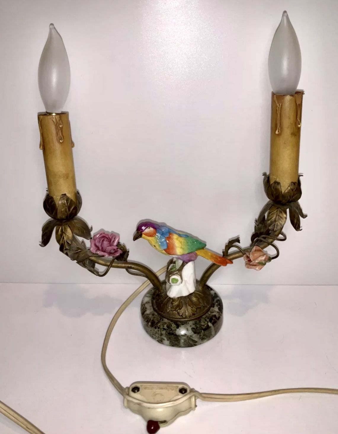 Antique Beautiful 1930’s Two Light Lamp Table Figural Porcelain, Bronze Marble