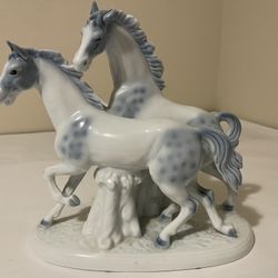 Vintage Gerold Porzellan Bavaria Two Horses White & Blue Porcelain Sculpture
