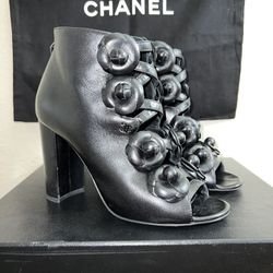 Chanel Lambskin Black Camellia Floral Leather Ankle Dressy Heel Boots Size  36.5 for Sale in Los Angeles, CA - OfferUp