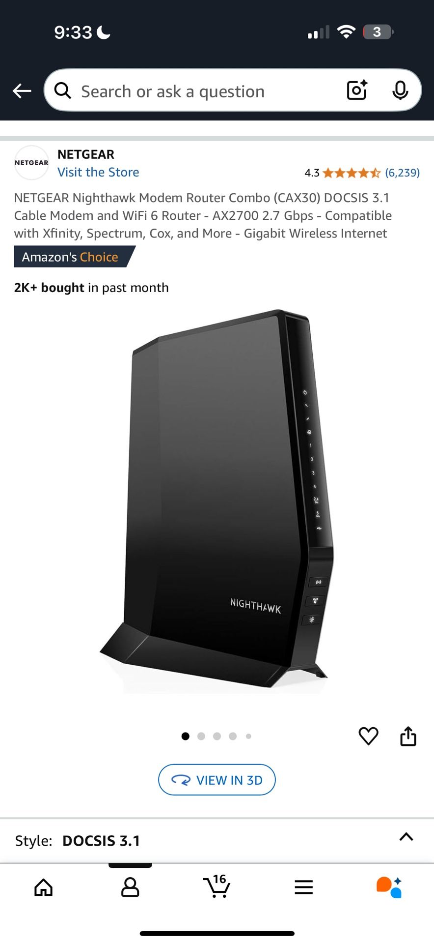 NETGEAR Nighthawk Modem Router Combo (CAX30) DOCSIS 3.1 Cable Modem and WiFi 6 Router - AX2700 2.7 Gbps - Compatible with Xfinity, Spectrum, Cox, and