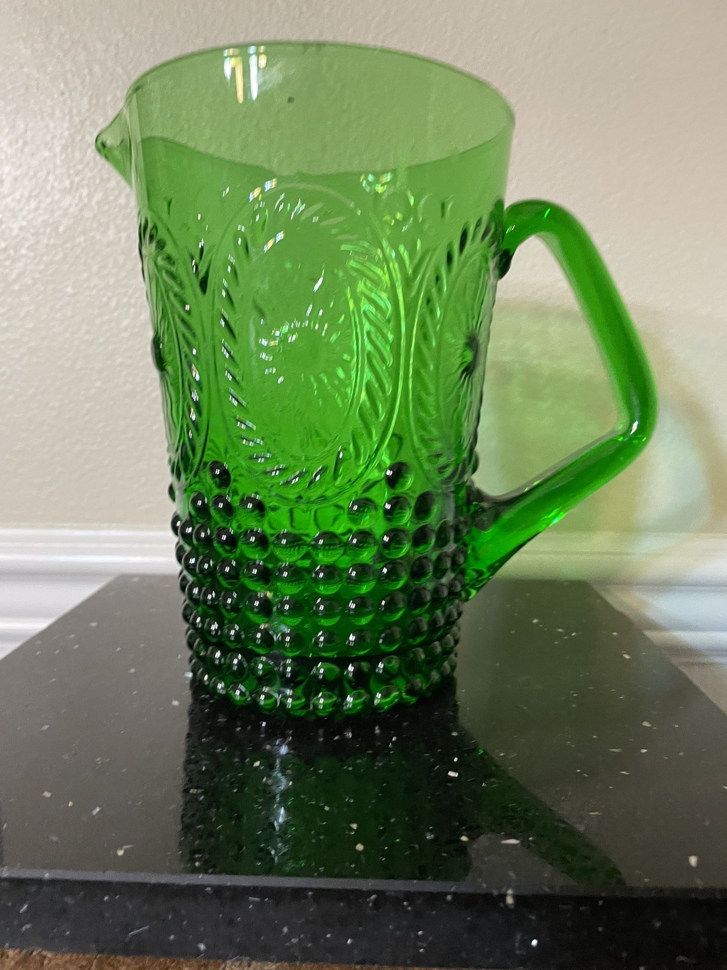 Vintage Green Pressed Glass Pitcher Hobnail Sun Medalllion  Smile Mark 7”T