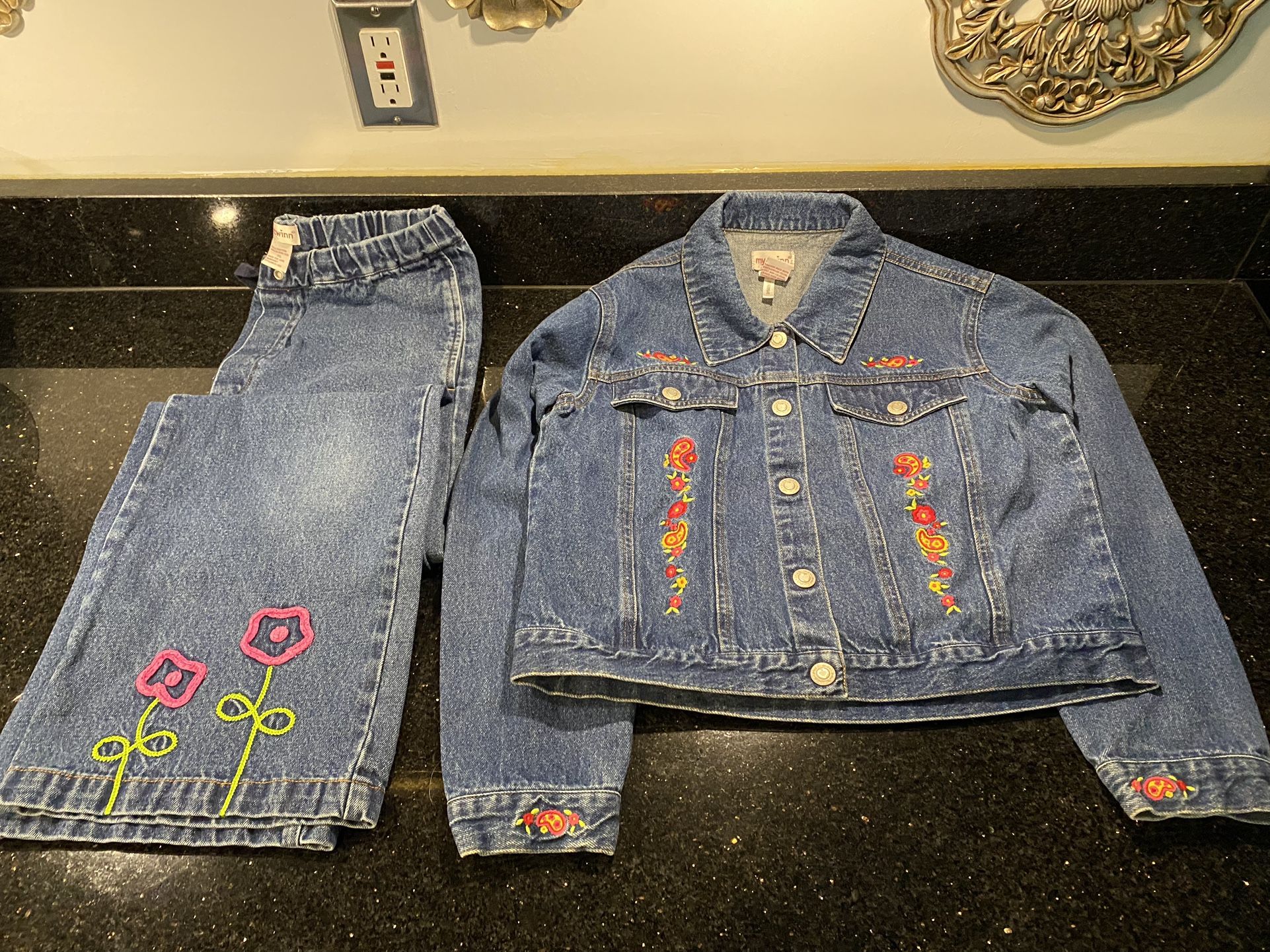 Rare My Twinn GIRL'S Embroidered Pink Flowers Jeans Jacket & Pants Size XXL