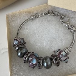 Women’s Jewelry, Isabella Couture Silvertone Charm Bracelet with blue,pearl, brown tone beads