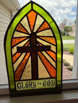 Stained Glass, Leaded Panel 'Glory to God'. Cross design with hand painted 'Glory to God'