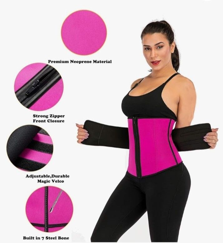 Women’s Waist Trainer Corset – Large – Neoprene, Zipper & Velcro, Pink/Black