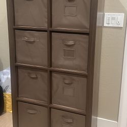 Brown Dresser/Room Divider With Eight Storage Bins