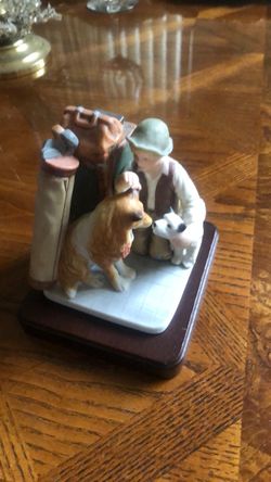 Porcelain Boy and Dogs Figurine on Wood Base