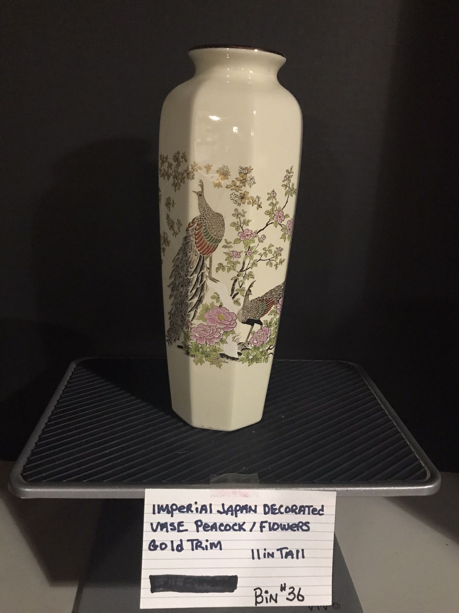 Imperial Japan Decorative Vase Peacock And Flowers Gold Trim 11 Inches Tall