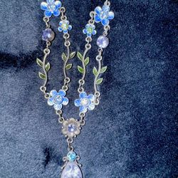 Vintage Floral Enamel Necklace with Faceted Crystal Drop, Blue & Green Accents