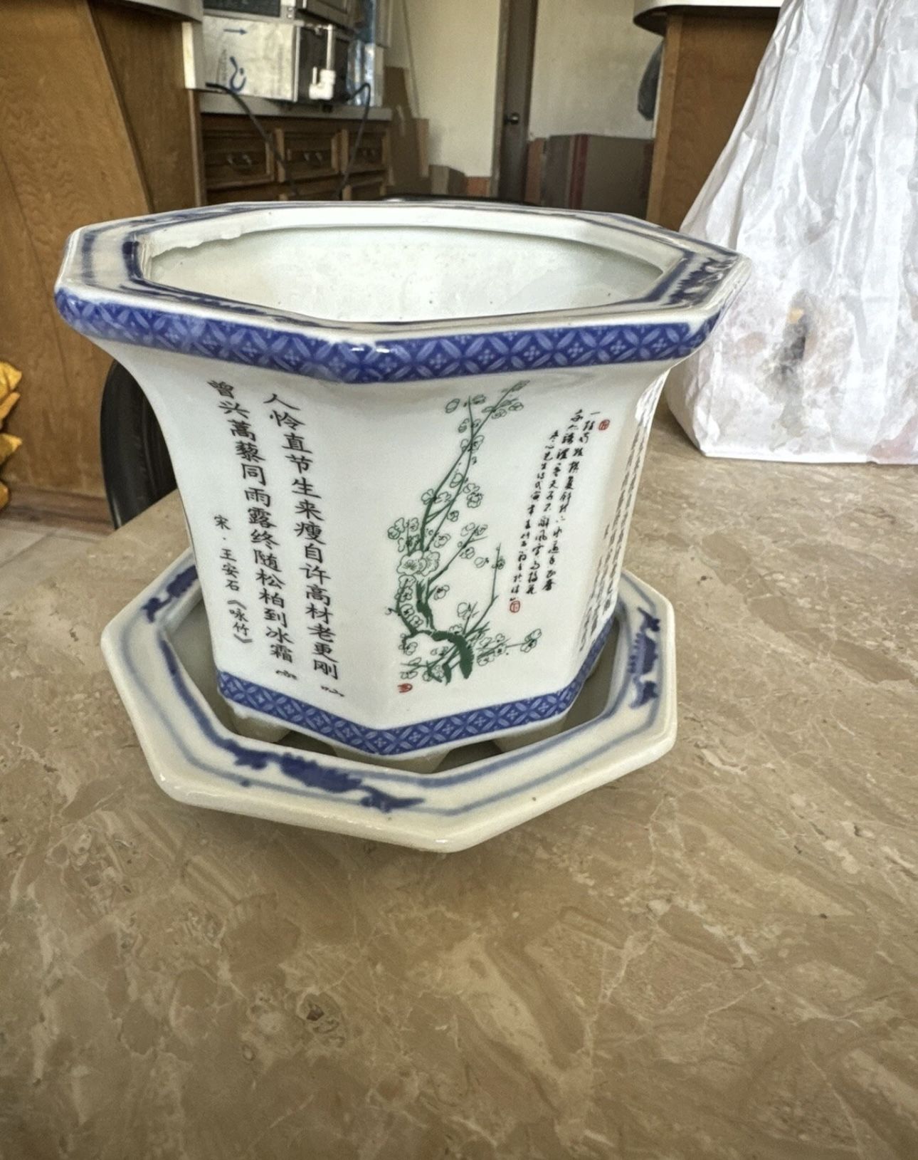 Handmade Blue & White Porcelain Flower Pot Planter with Drainage – Indoor Outdoor Decor 