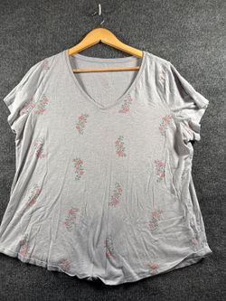 Womens Gray Pink Floral V Neck Short Sleeve Shirt Plus Size