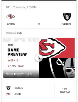 Raiders vs Chiefs tickets! Section 148 row 17 seats 3,4 150 each