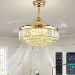 Smart Ceiling Fan Retractable 42/20LED 3CCT 6 Speed, Remote/App/Wall, Dimmable, Timer, Reverse, Crystal Gold