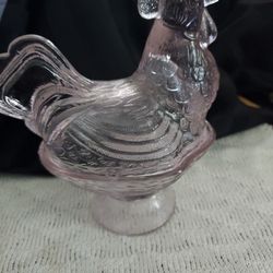 Vtg Pink Glass Rooster Candy Dish Standing Figurine