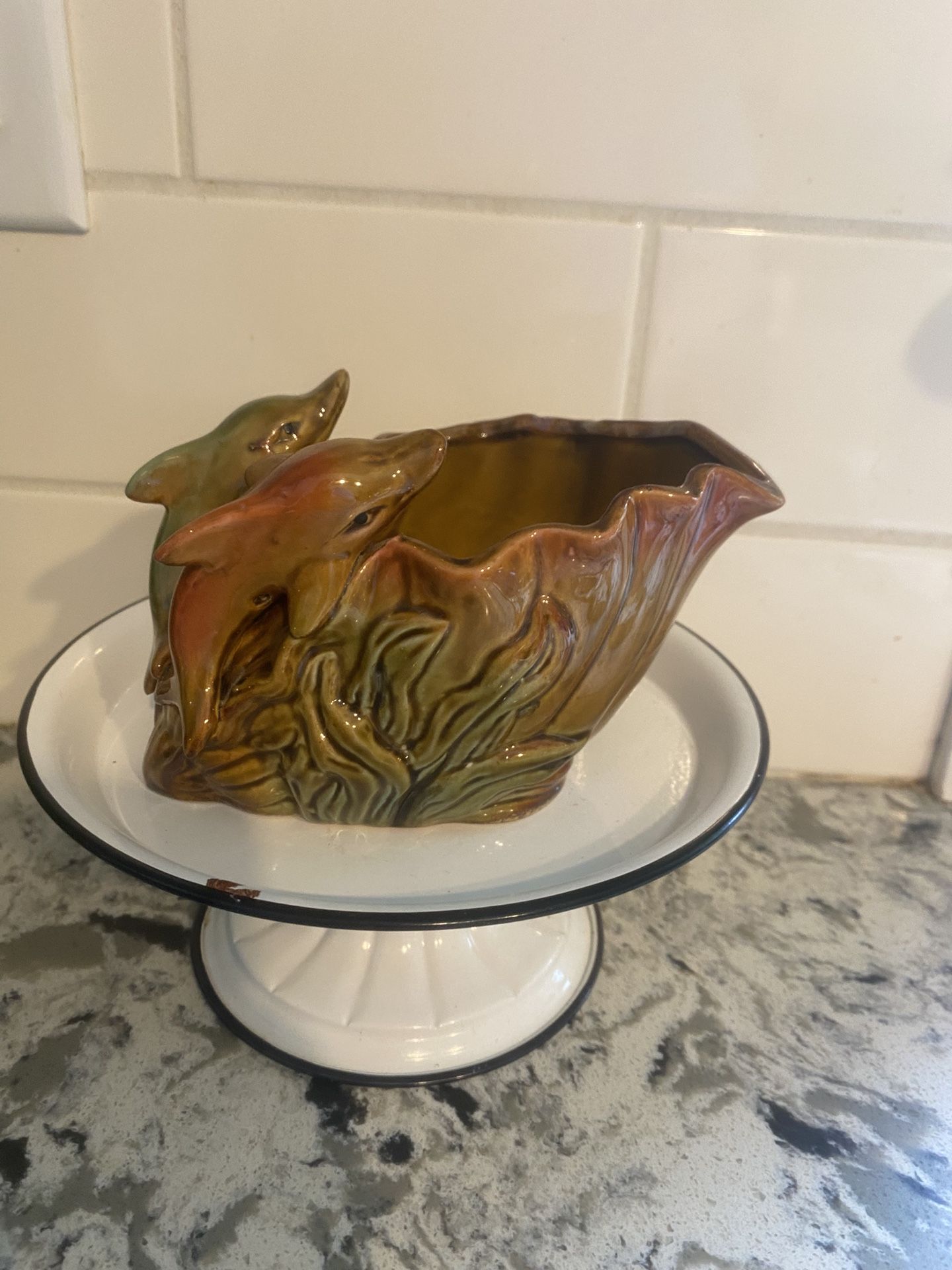 Majolica Style Ceramic Green Jumping Dolphin Planter Vase