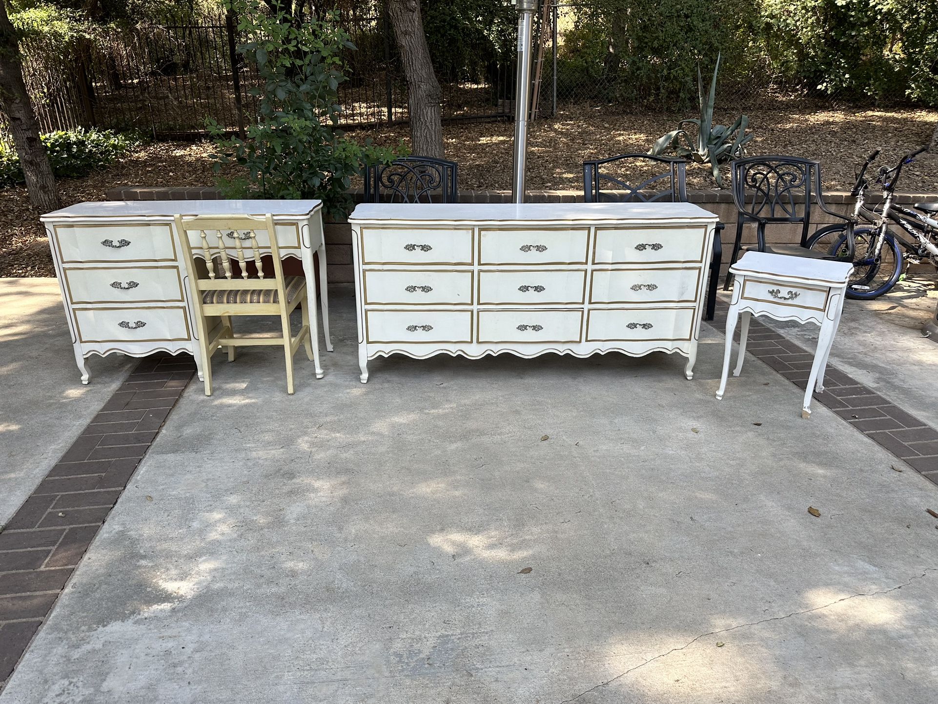 Vintage Hollywood Regency Mid Century Modern French Provincial Dresser, Desk, and Nightstand Set Of 3 Beautiful Bedroom Pieces