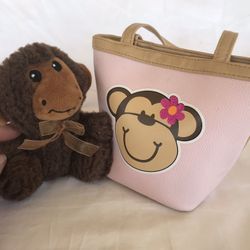 Girls Cute Monkey Pink Purse W Plush Monkey 