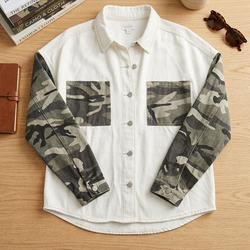 Mud Pie White Denim Camo Sleeve Shacket-S/M