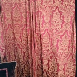 Damask Chenille Gold And Red Drapes 3 Count