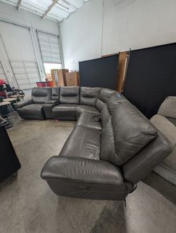 Dark Grey Leather Power Reclining Six Piece Sectional Sofa