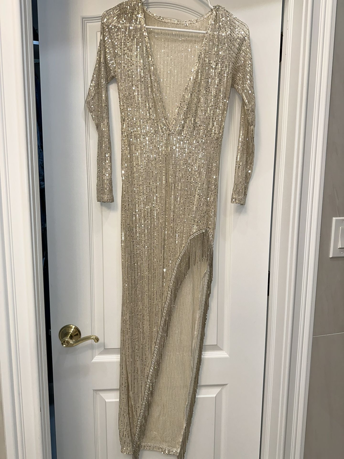 Gold Sequin Rhinestones High Slit Dress