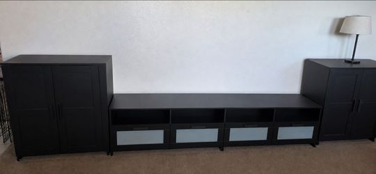 4 piece ikea black entertainment center with cabinets