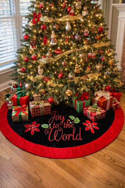Absolutely Beautiful Red & Black Velvet Joy To The World Tree Skirt 46 Inch accented with poinsettias and holly with 2 matching Stockings