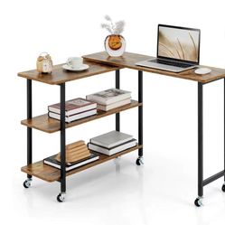  360° Rotatable Sofa Side Table L-shaped Laptop Desk Snack Table withShelf Patented Brown Hw63073