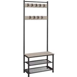 Metal Hall Tree with Shoe Storage Bench Entryway Coat Rack with 2 Shoe Shelves & 9 Movable Hooks, Gray