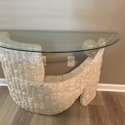 Tessellated Stone Console Table w/ Beveled Glass Top